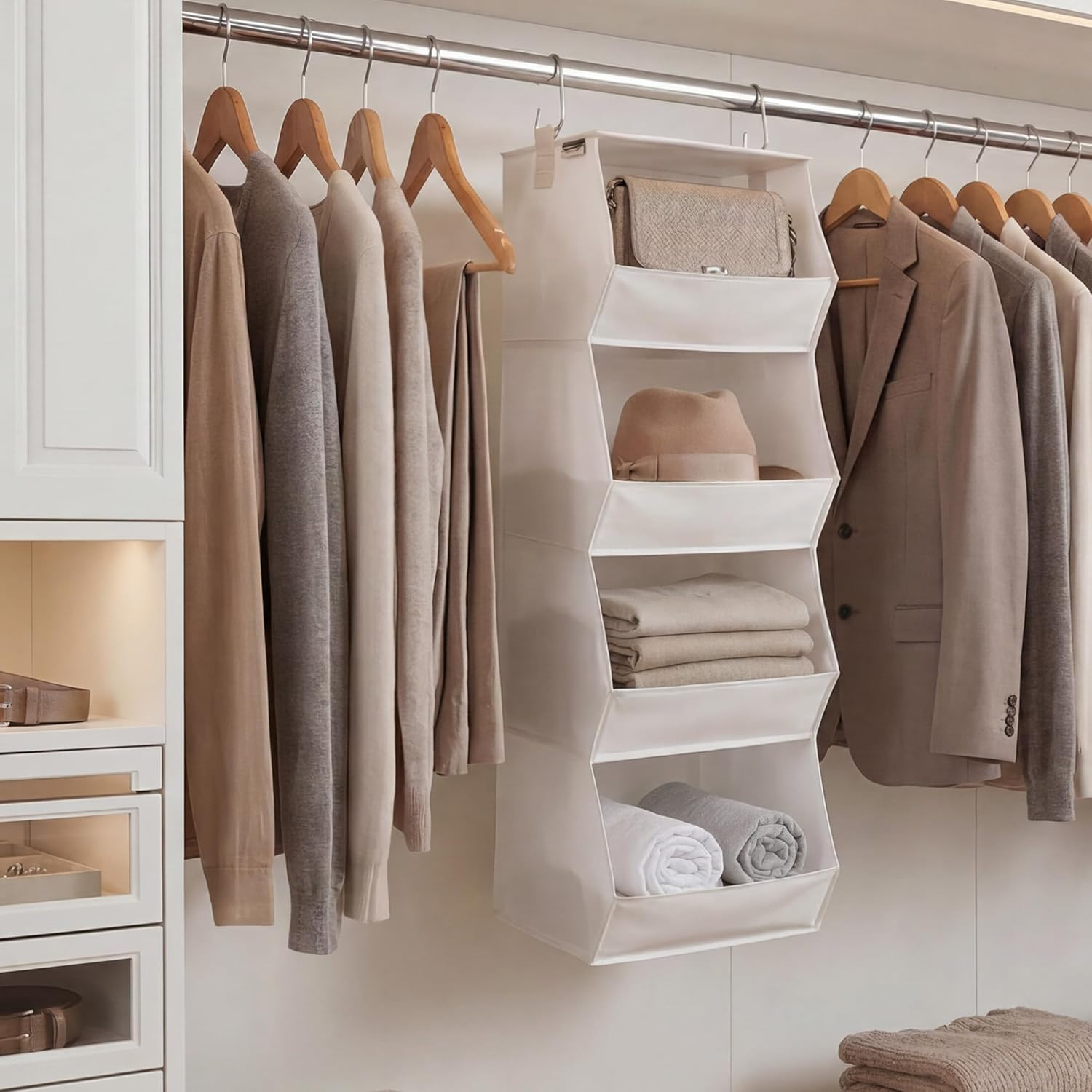 Basics Hanging Closet Organizer, 4-Shelf Wide Trapezoid Closet Shelves with Rein