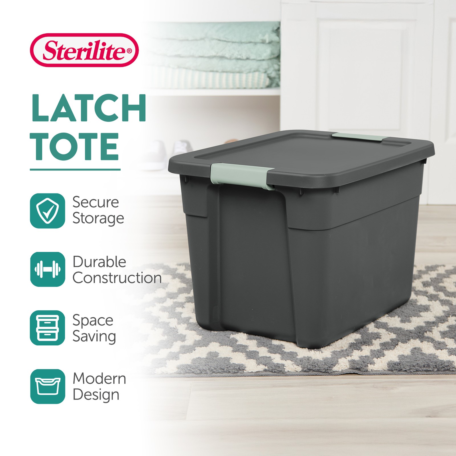 Sterilite 6Pk Latch Tote, Stackable Plastic Storage Container, 12Gal, Gray/Green
