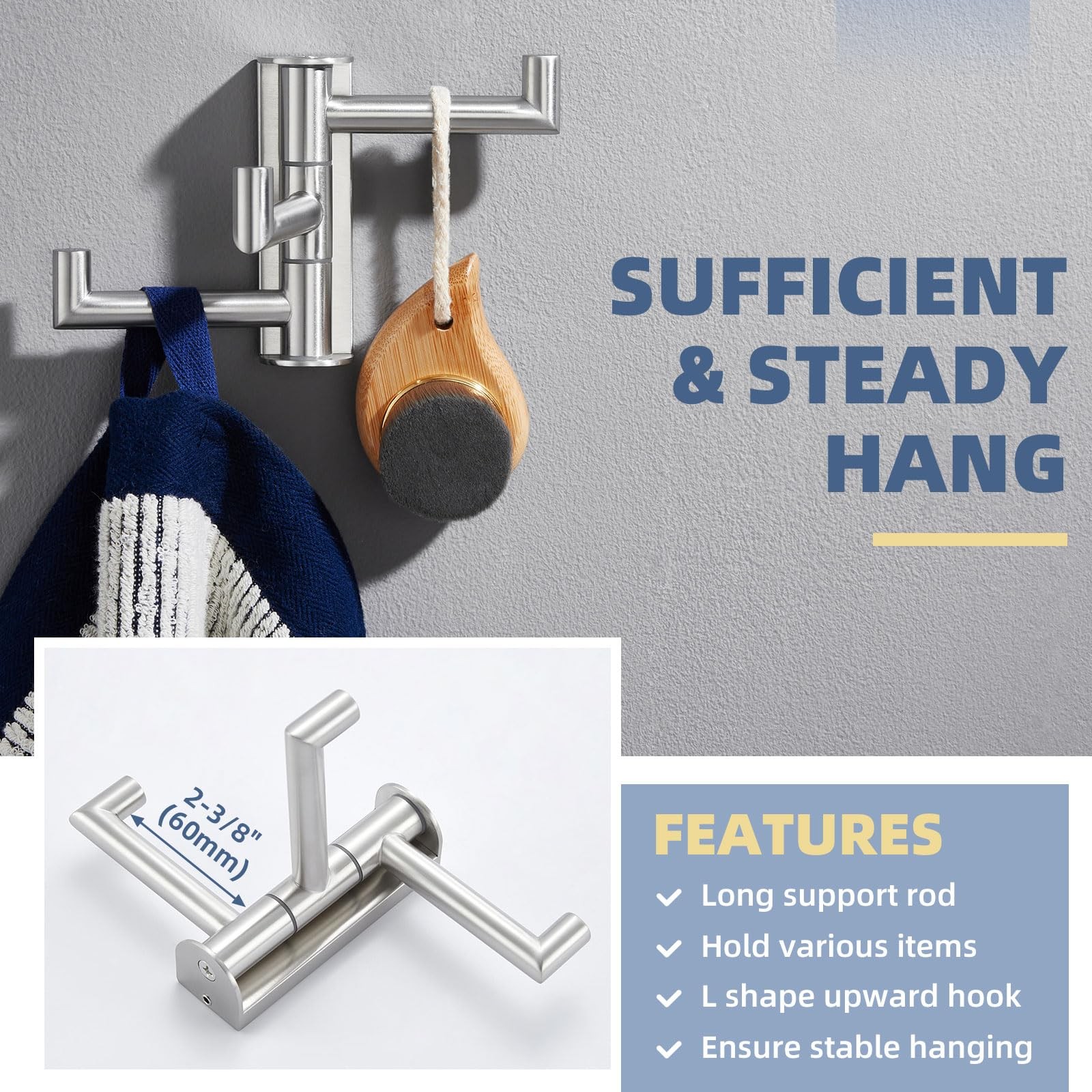 Brushed Nickel Swivel Towel Hook 304 Stainless Steel Foldable Clothes Hook With