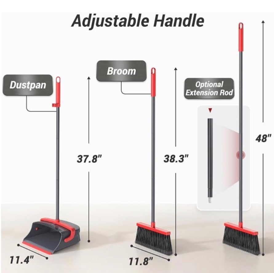 Broom Dustpan Set Long Handle Self Cleaning Pet Hair Dust Indoor Outdoor