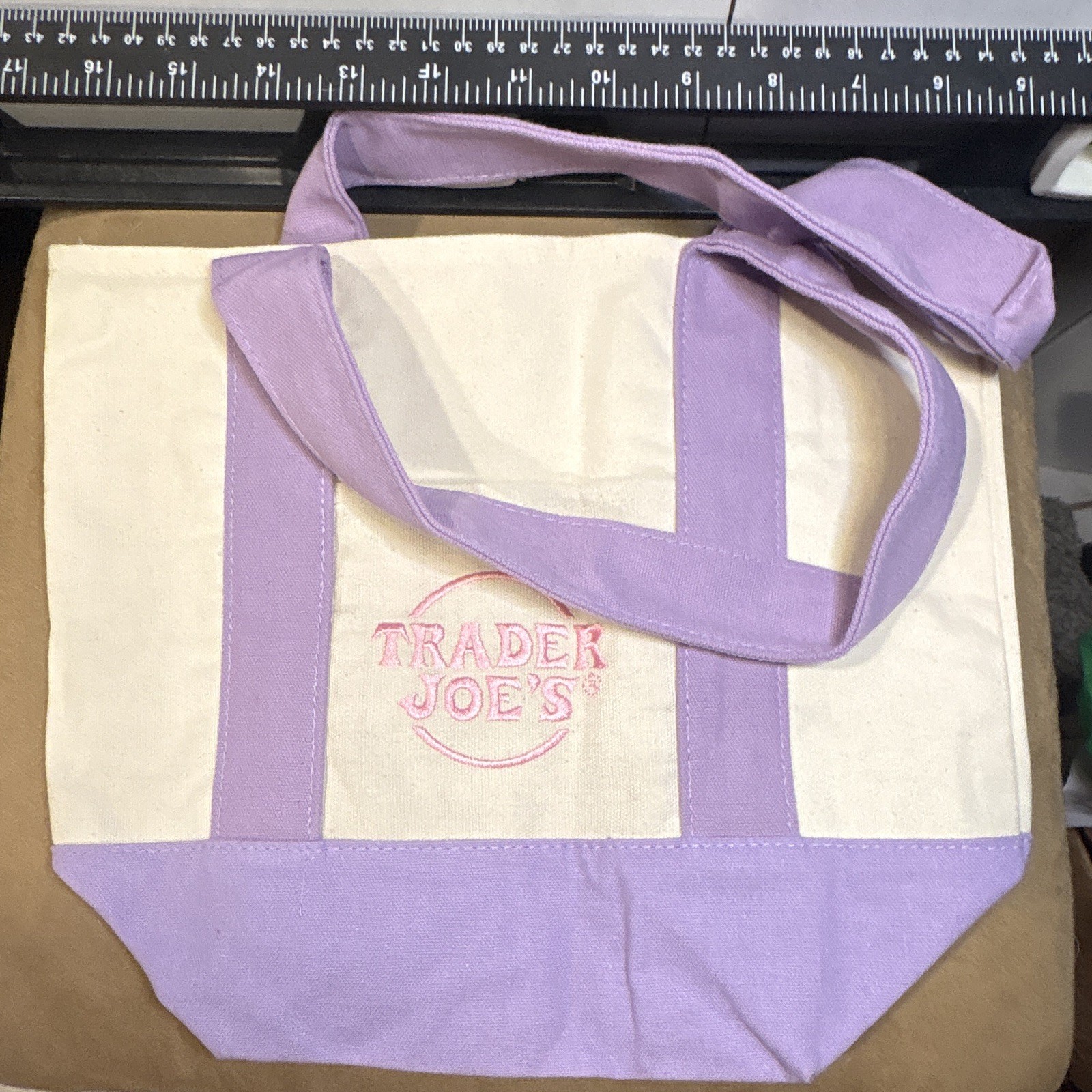 Trader Joe’s Canvas Reusable Tote Bag Purple/Beige Logo Large 17 x 6 x 13 in