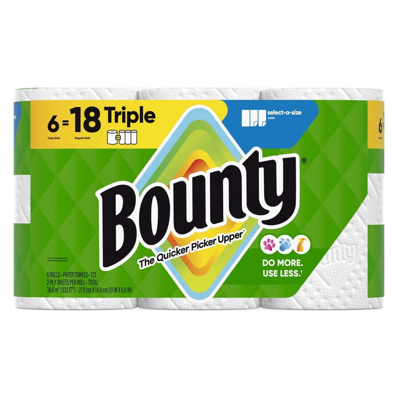 Bounty Paper Towels Select-A-Size White, 6 Triple Rolls, 123 Sheets Per Roll