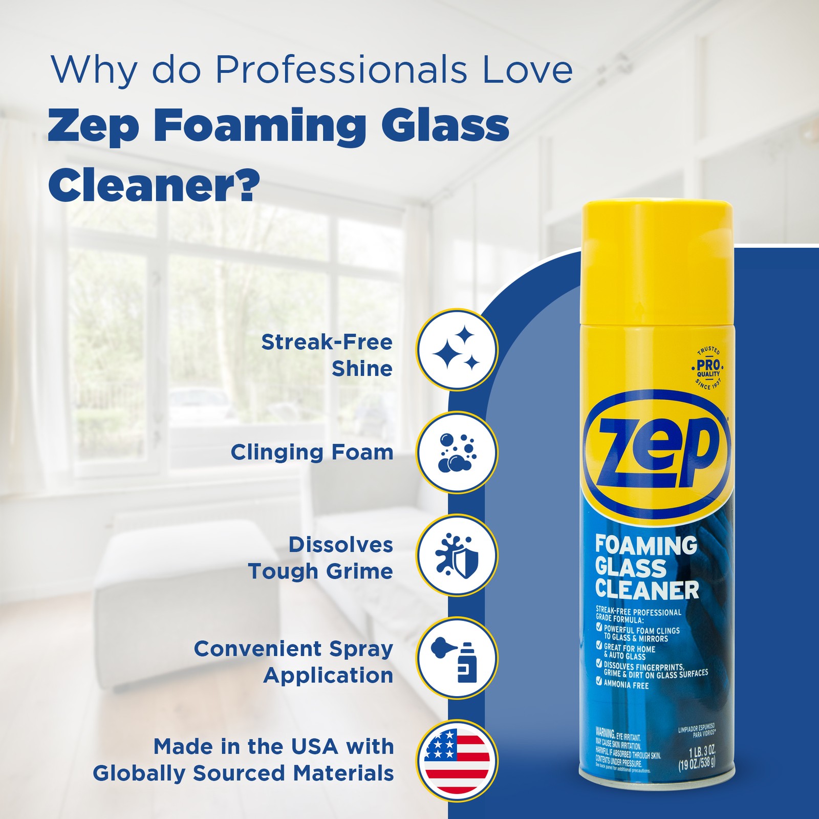 Zep Foaming Glass Cleaner – 19 oz (Case of 12) ZUFGC19