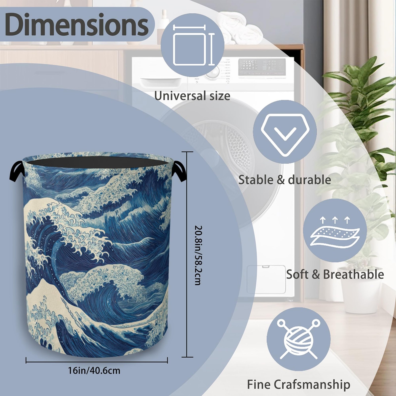 Ocean Wave Laundry Basket,Japanese Foldable Oxford Cloth Tote Bag Laundry Ham…