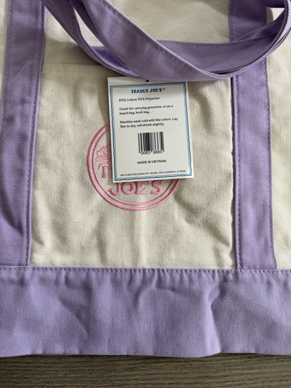 Trader Joe’s Foldable Reusable Shopping Bag Beige Purple Cotton Polyester