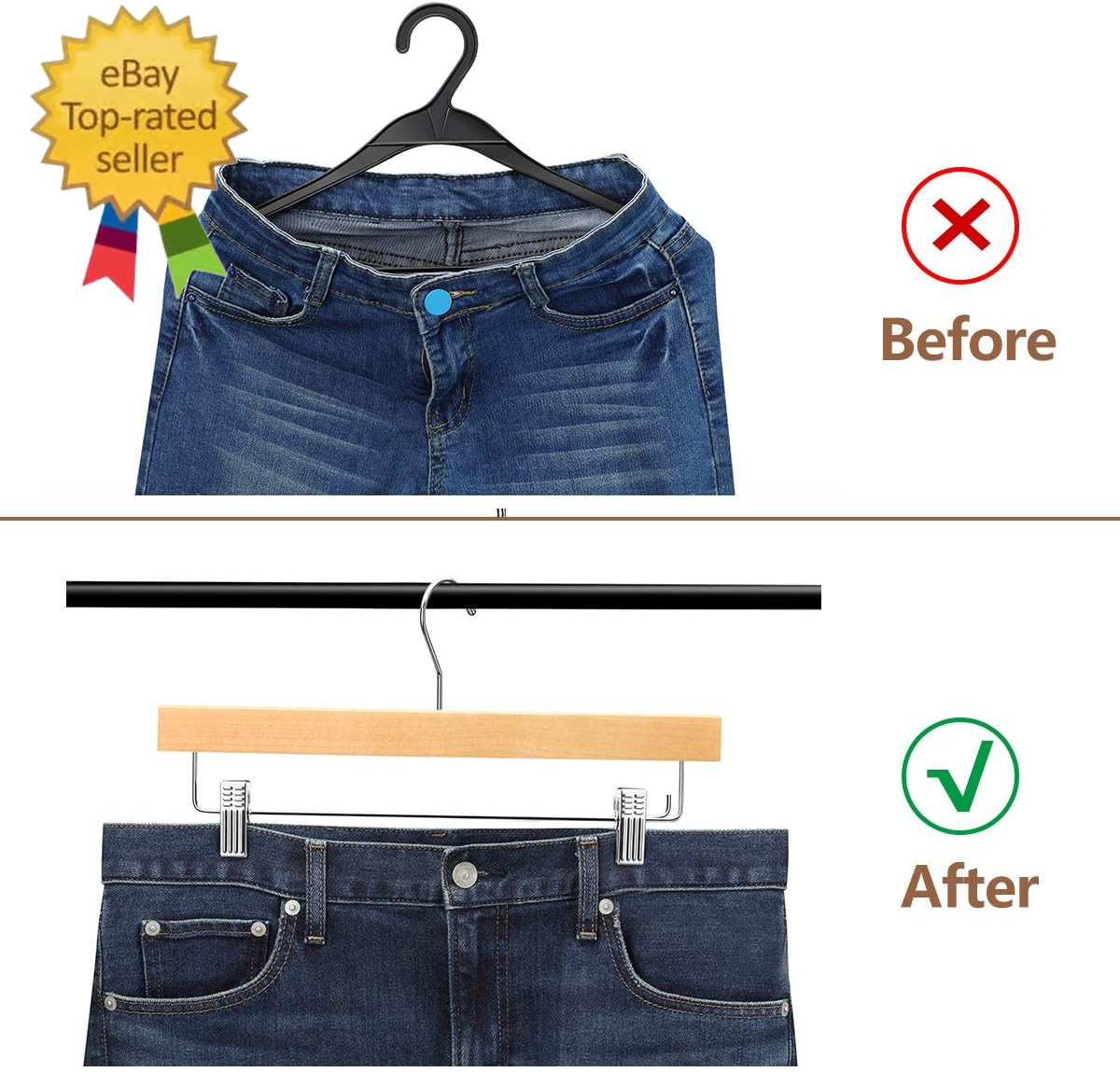 20Pcs Wooden Pants Hangers Solid Pants Hanger with Adjustable Clips 14 Inch Natu