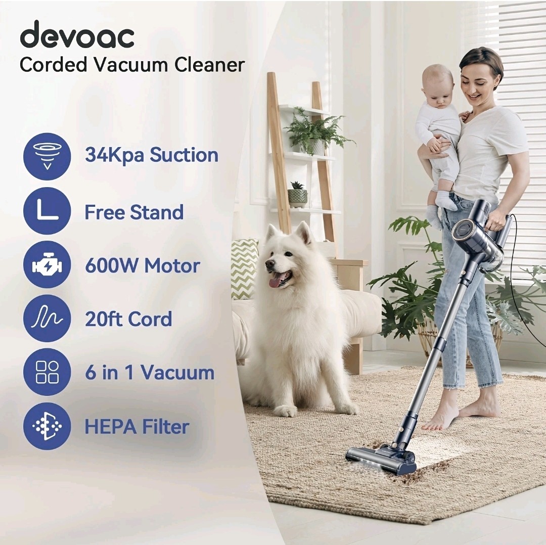DEVOAC Corded Stick Vacuum, 34KPa Powerful Suction & 600W Motor