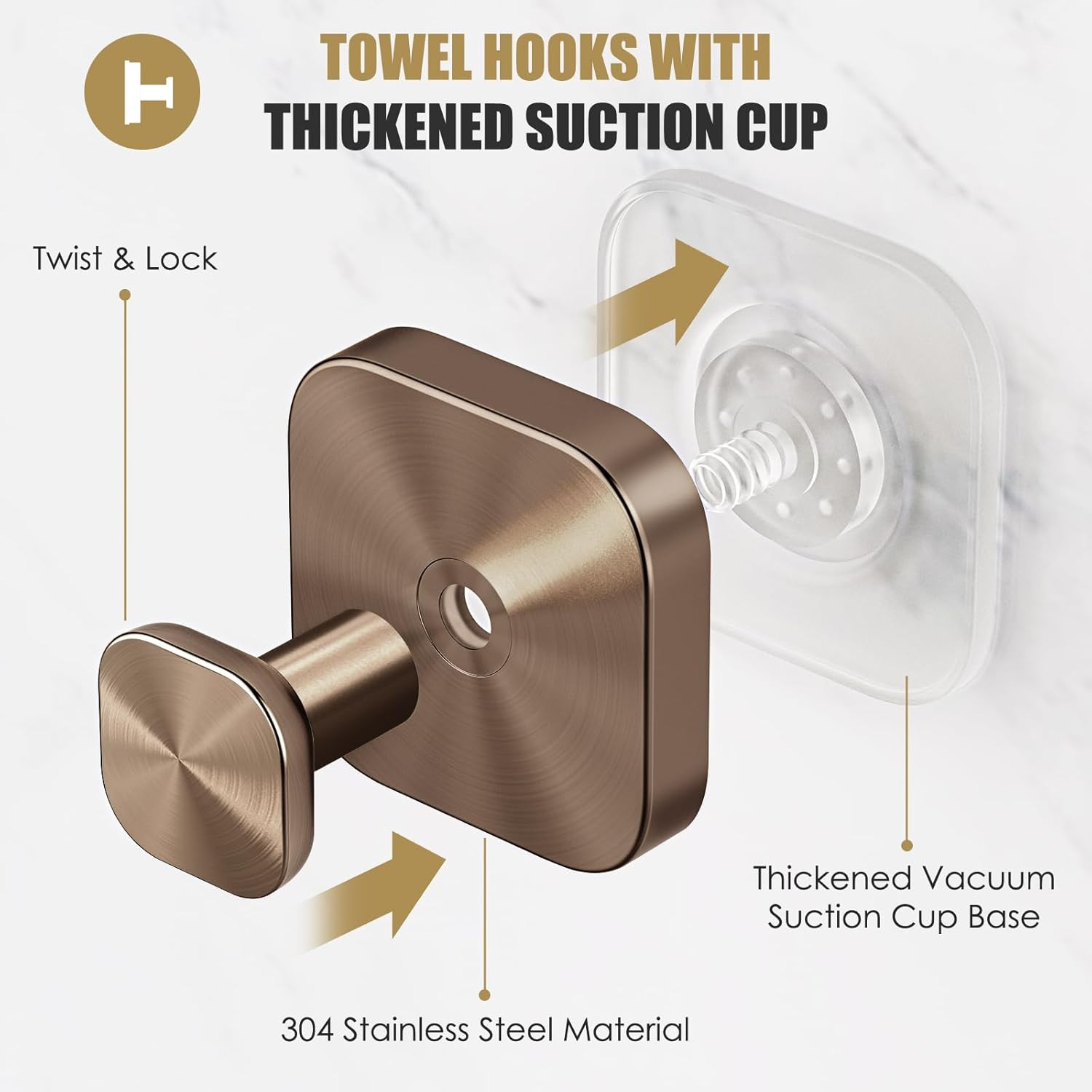 Heavy-Duty Suction Cup Hooks for Bathroom and Wreaths – Champagne Bronze (2 Pack