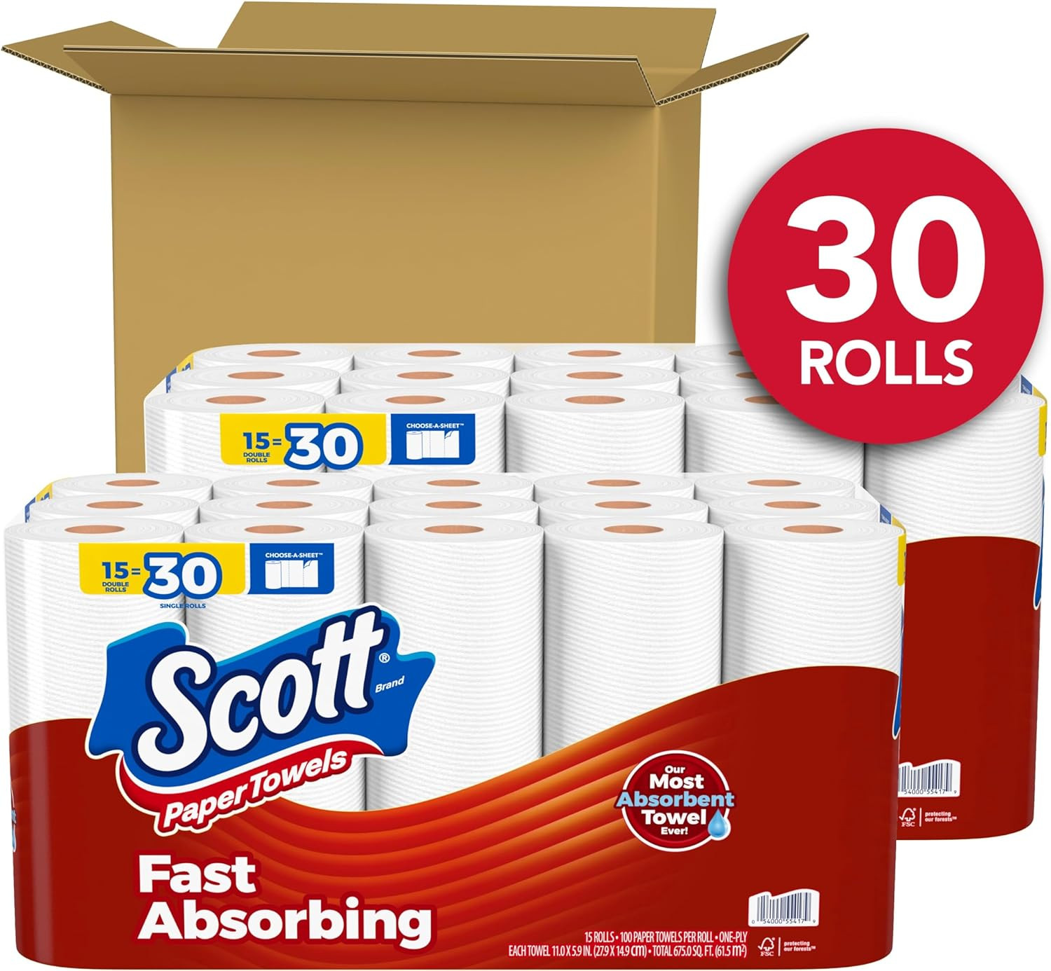 Scott Paper Towels, Choose-A-Sheet, 30 Double Rolls (2 Packs of 15) = 60 Regular