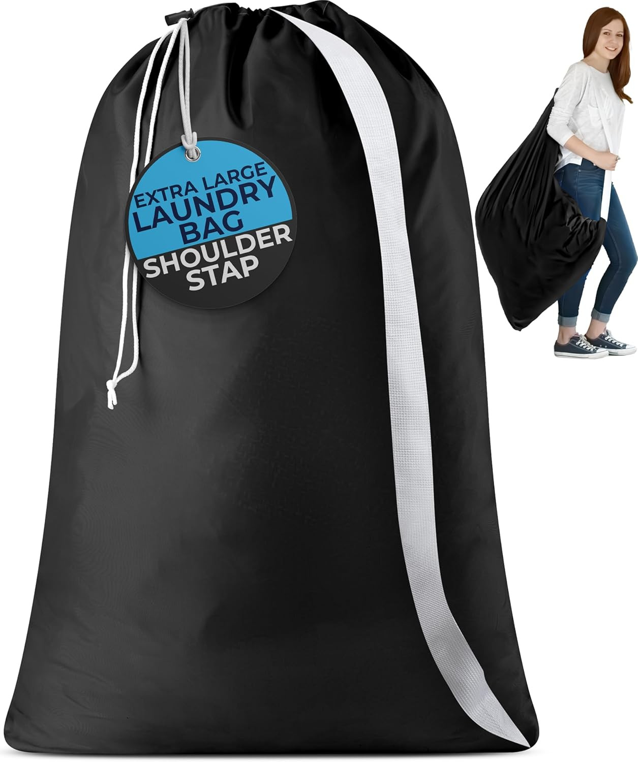 Shoulder Strap Laundry Bag 30×40 in, Heavy Duty Nylon, Drawstring Lock (Black)
