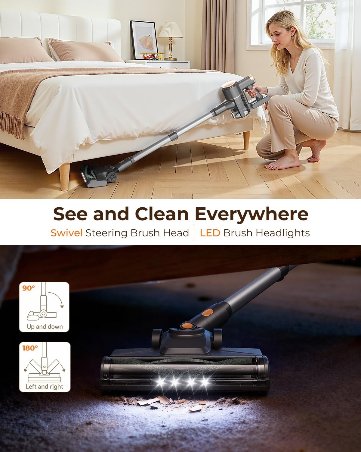 Lightweight Cordless Vacuum Cleaner – Powerful Suction, 40 Min Runtime, Self-Sta