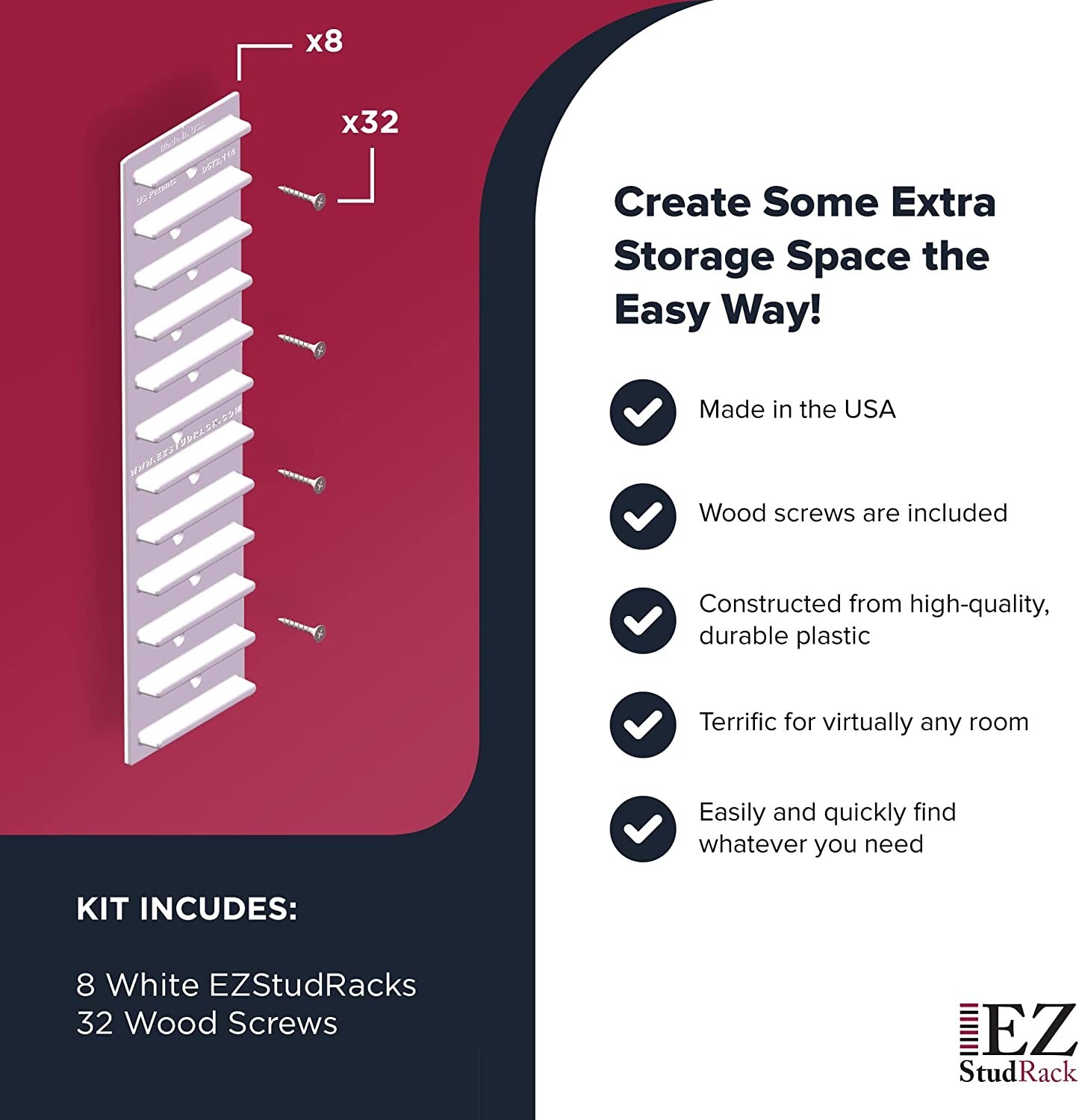 EZStudRack Shelving System- 8 Pack White, 32 Wood Screws-WOOD NOT INCLUDED