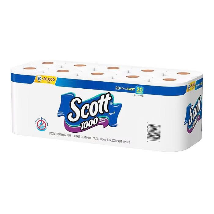 Scott Toilet Paper, 1-ply, White, 1000 Sheets/Roll, 20 Rolls/Case (49668)