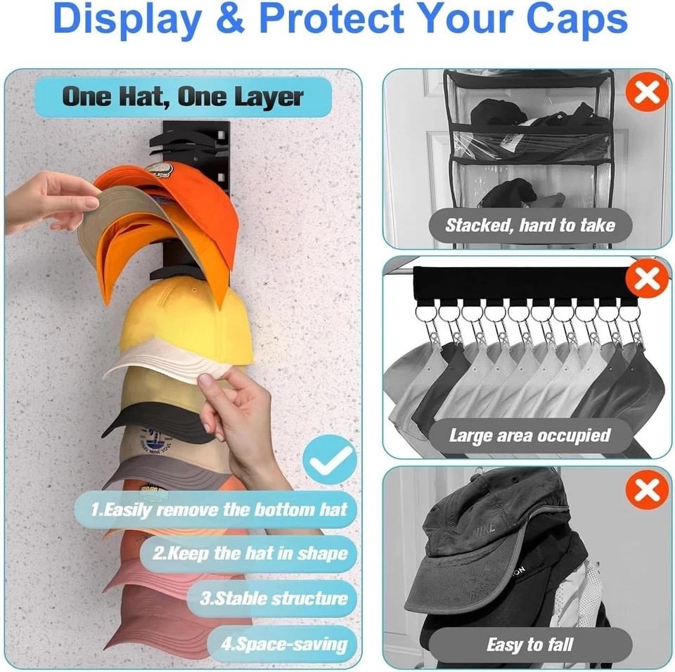 2 Pack Hat Organizer for Baseball Caps, Hat Rack for Wall with Strong Adhesive H