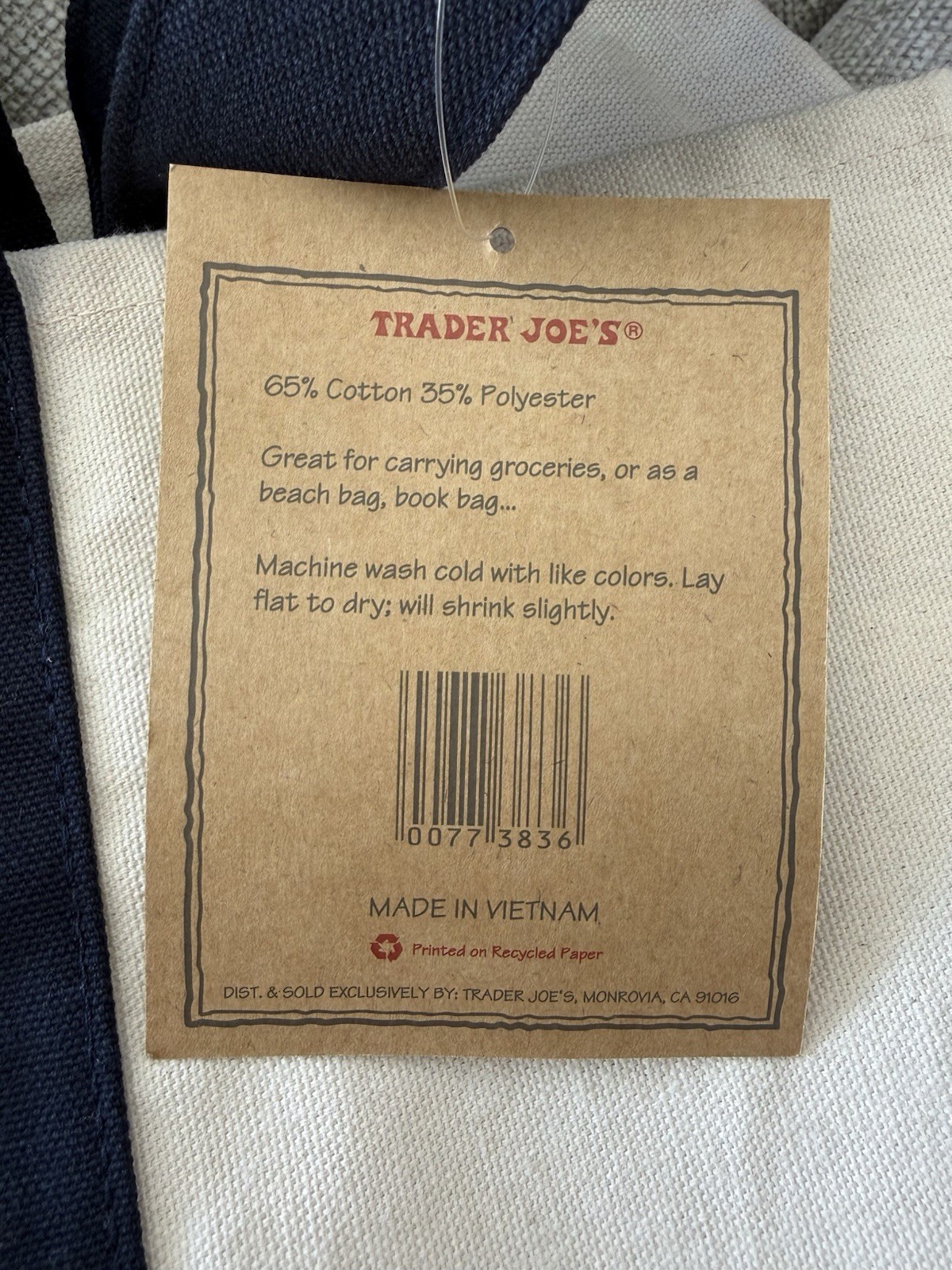 Trader Joe’s Reusable Tote Bag Foldable Cotton Polyester Beige Navy Blue
