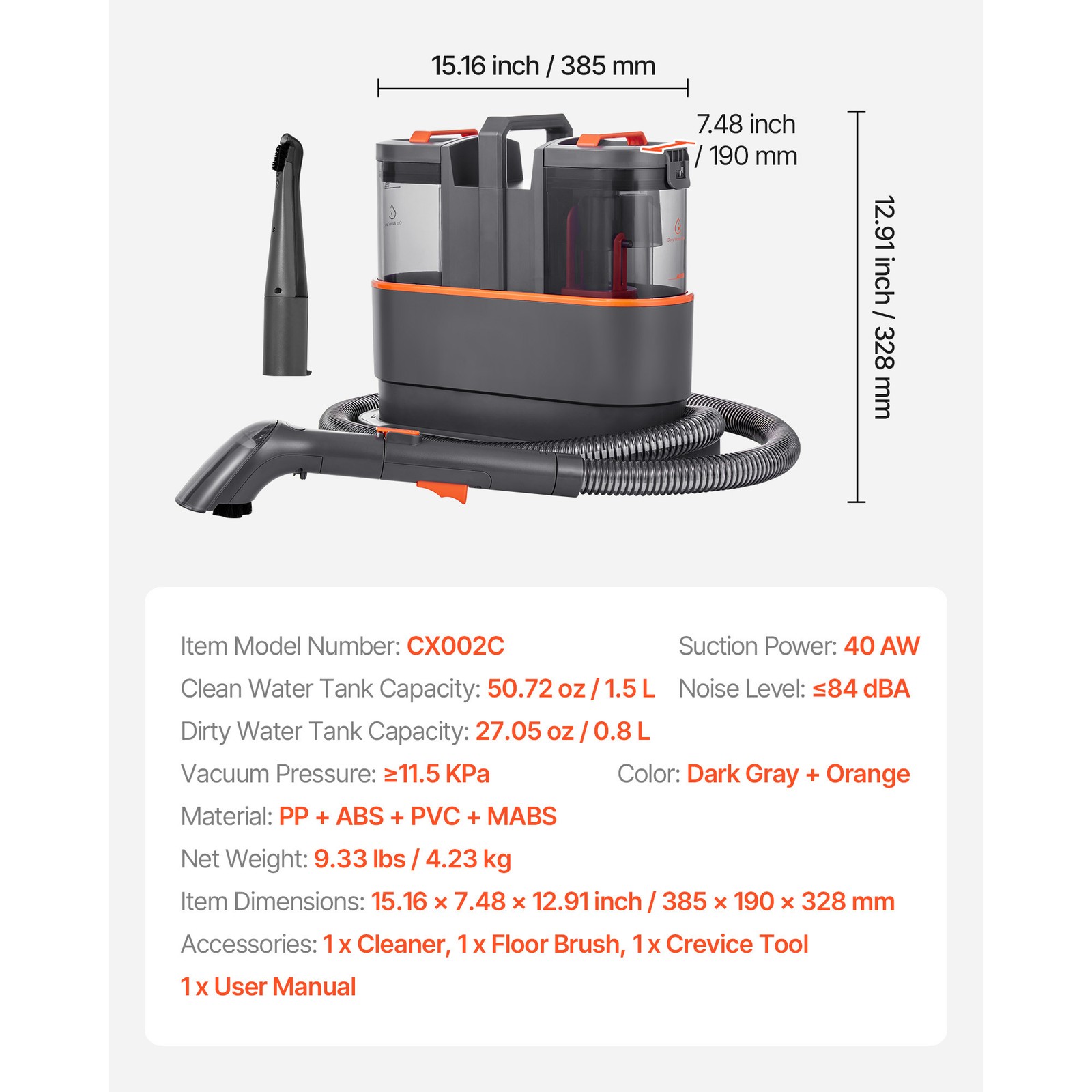 Portable Carpet Cleaner Machine Dual-Water Tank 11.5Kpa Upholstery Cleaner