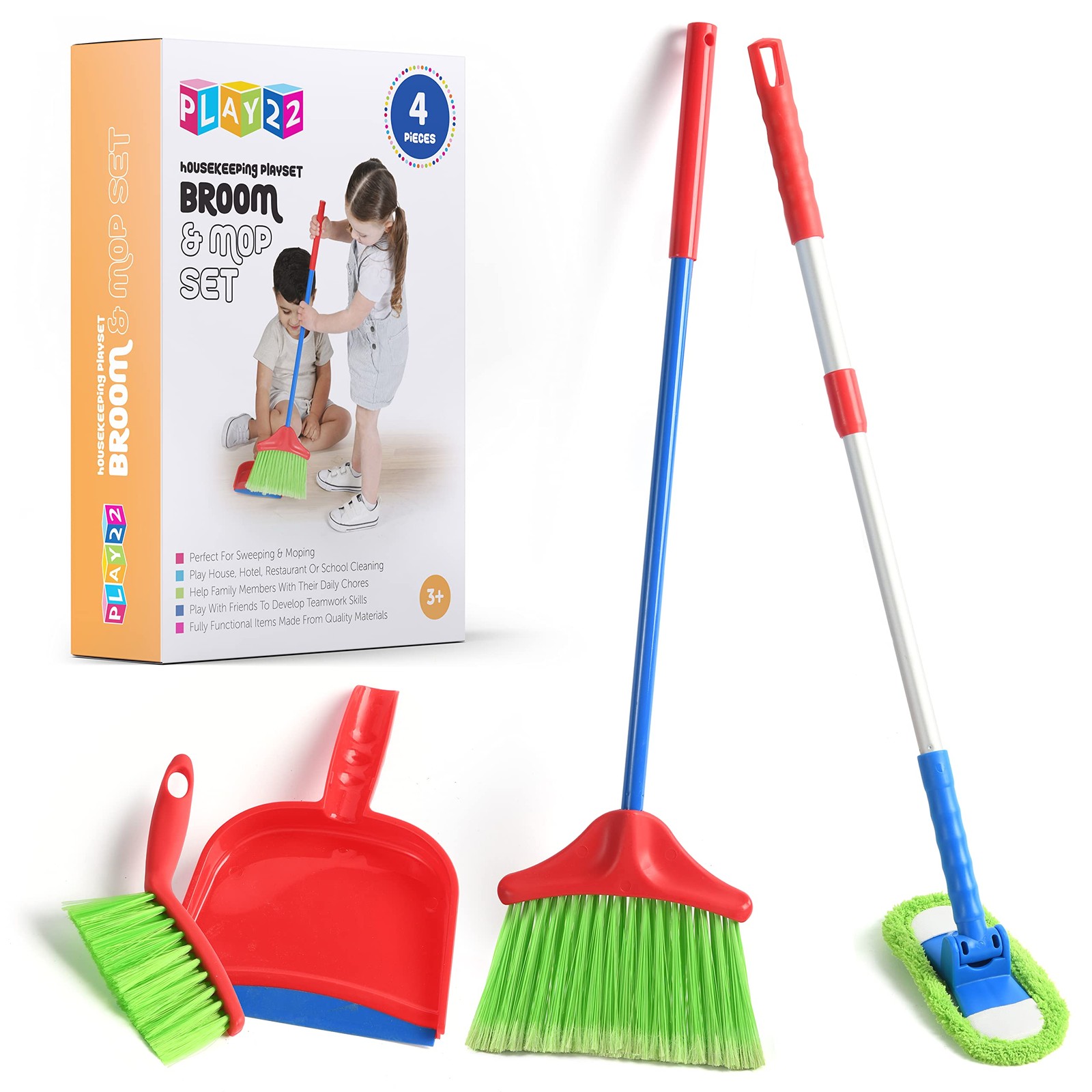 Play22 Kids Cleaning Set 4 Piece Toy Cleaning Set Includes Broom, Mop, Brush…