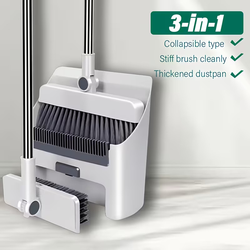 3-in-1 Long Handle Broom and Dustpan Set Foldable Upright Floor Sweeper