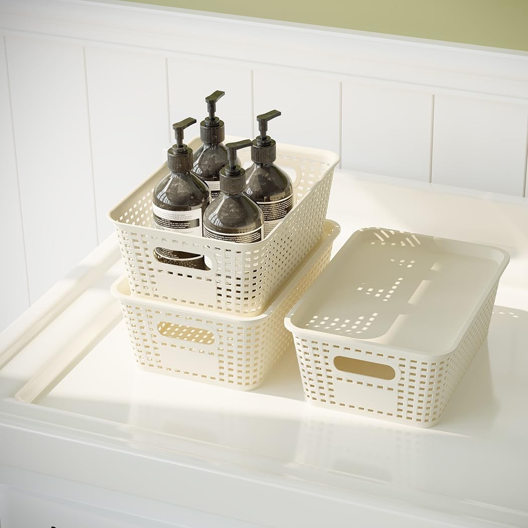 6 Pack Plastic Storage Baskets with Lids Stackable Organizer Bins White