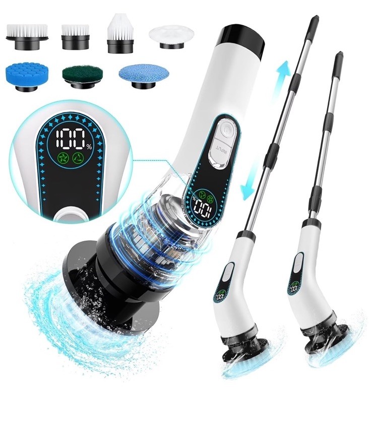 Cordless Electric Spin Scrubber with 7 Replaceable Attachments , Tub Tile Floor
