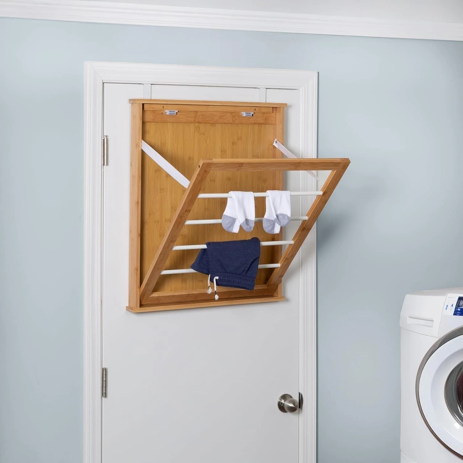 Wall-Mounted Clothes Drying Rack, Bamboo, Collapsible, 23 in W x 27.25 in H