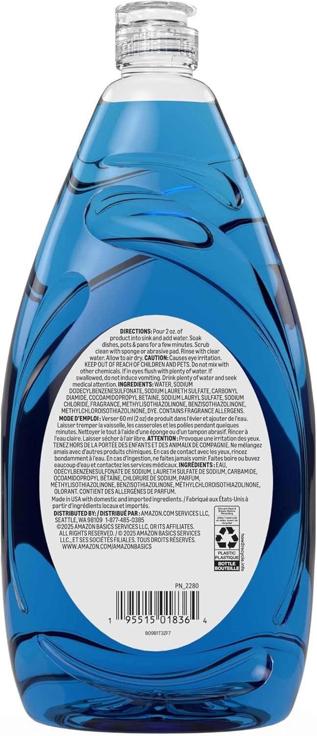 Amazon Basics Liquid Dish Soap, Fresh Scent, 30 Fl Oz (Pack of 1), Blue