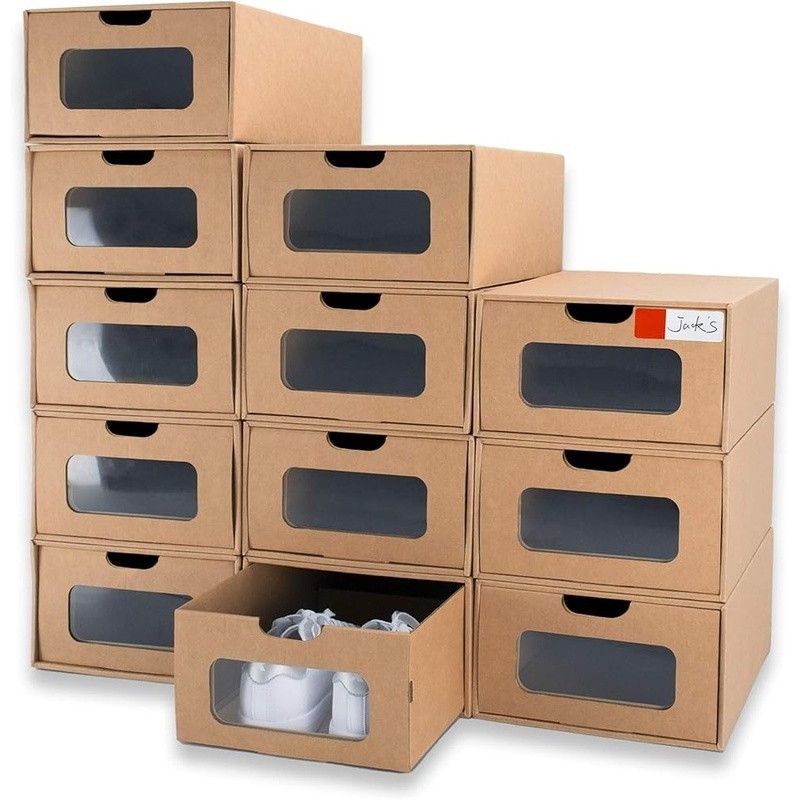 Stackable Shoe Storage Box Drawer Design Transparent Durable Cardboard Organizer
