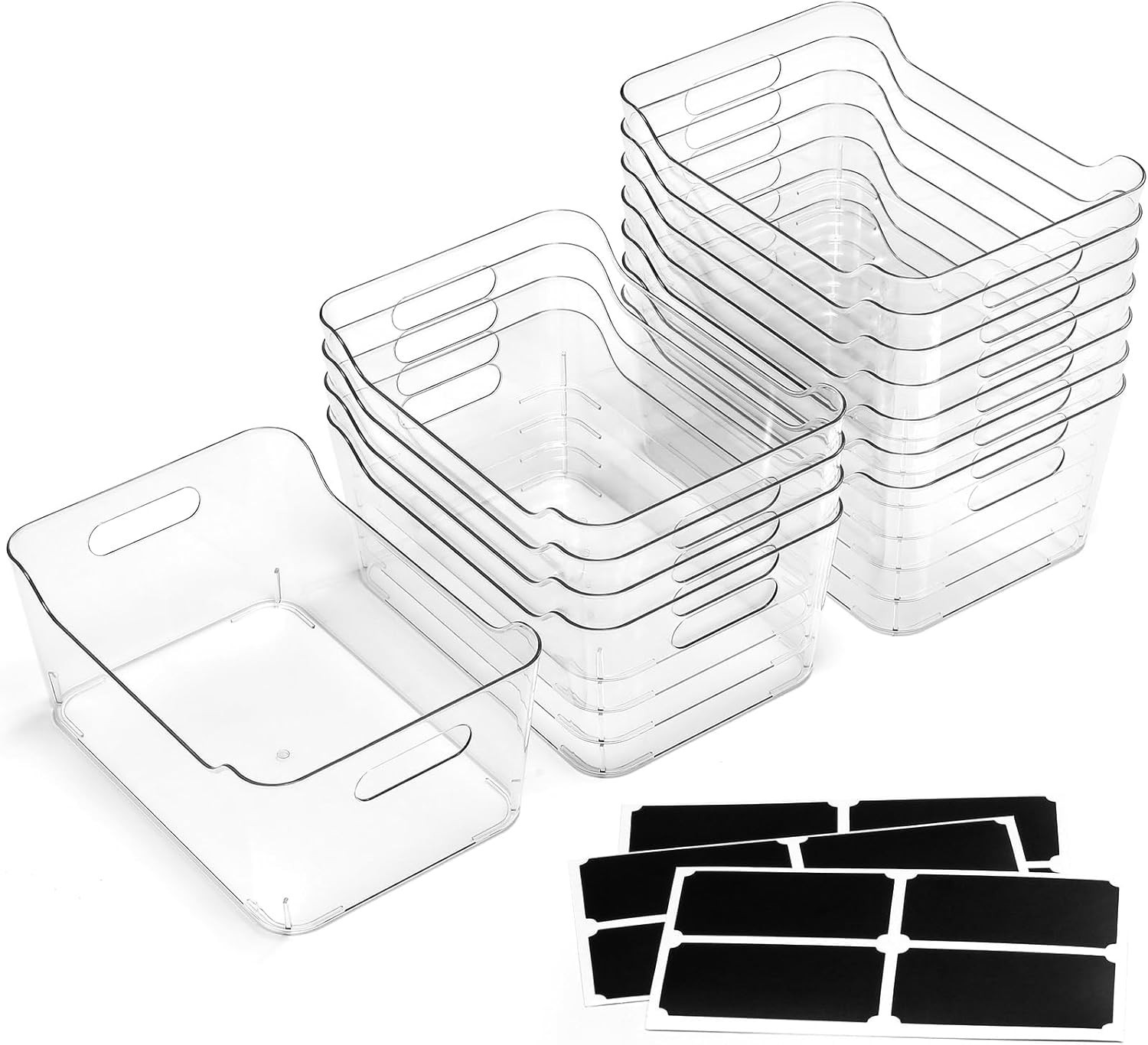 Landneoo XL Storage Bins Clear Thick Plastic Shatterproof w/ Labels (12-Pk)