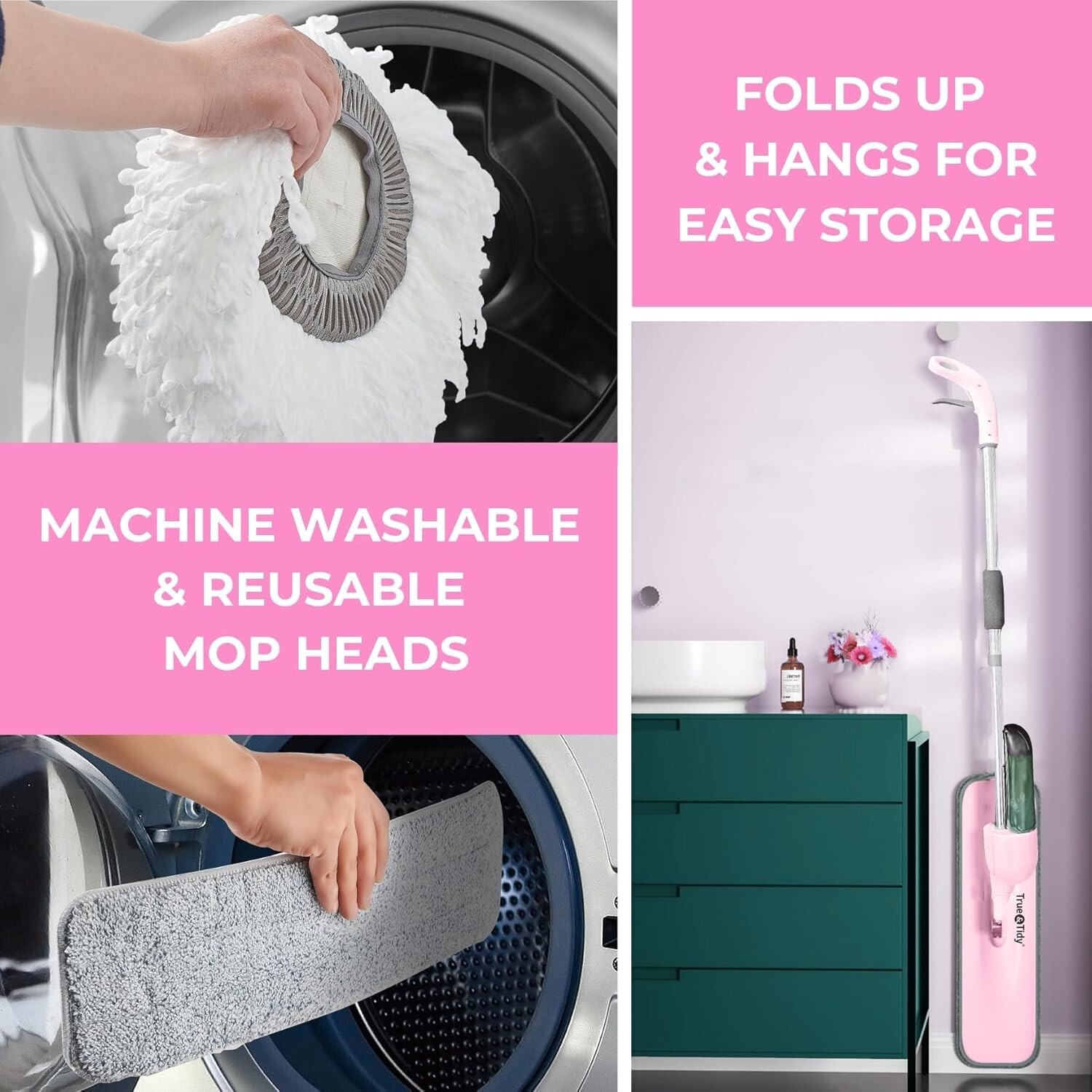 True & Tidy 360 Spray Mop with 3 Interchangeable heads, Pink