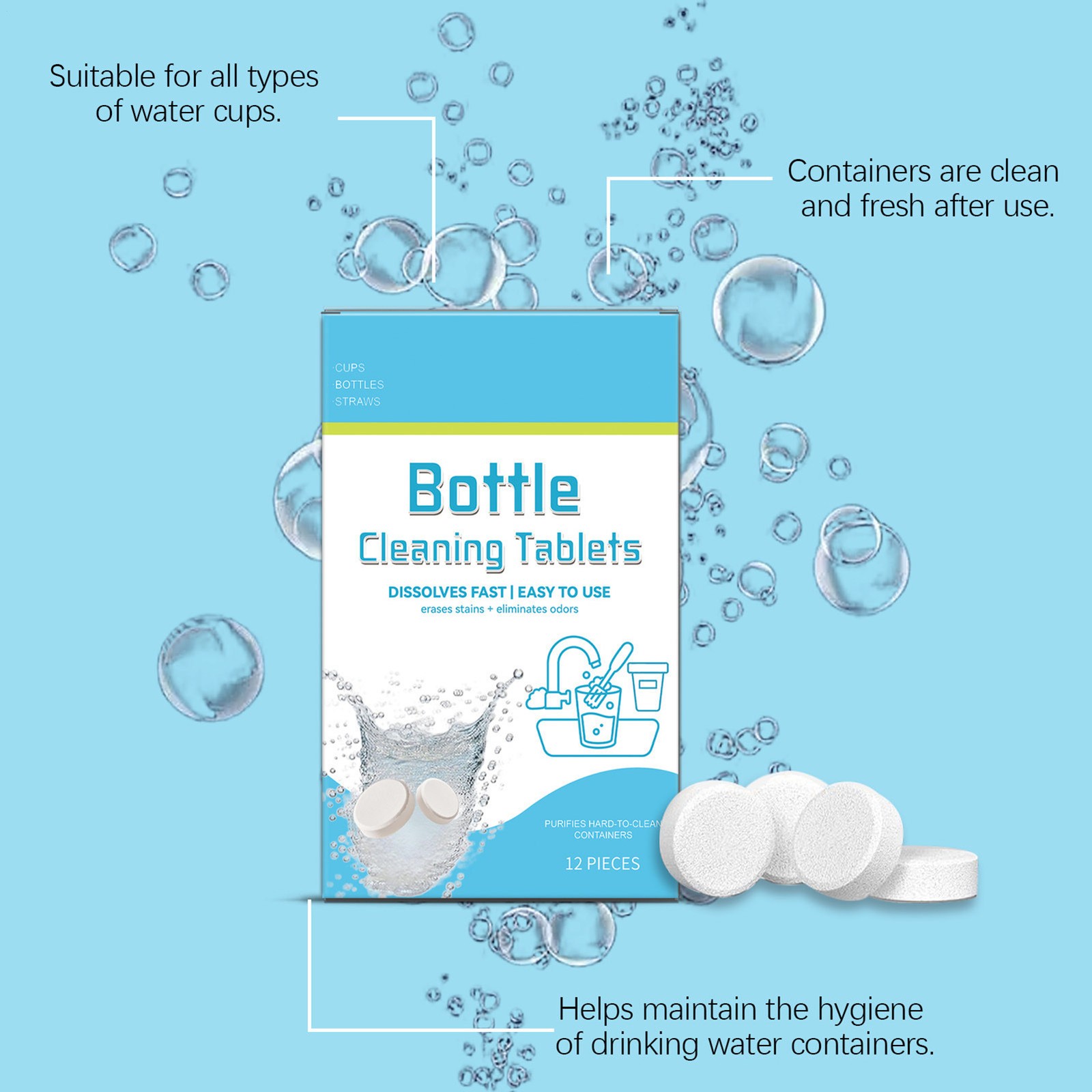 `Water Bottle Cleaning Tablets 12pack Chlorinefree And Odorless Cleaner