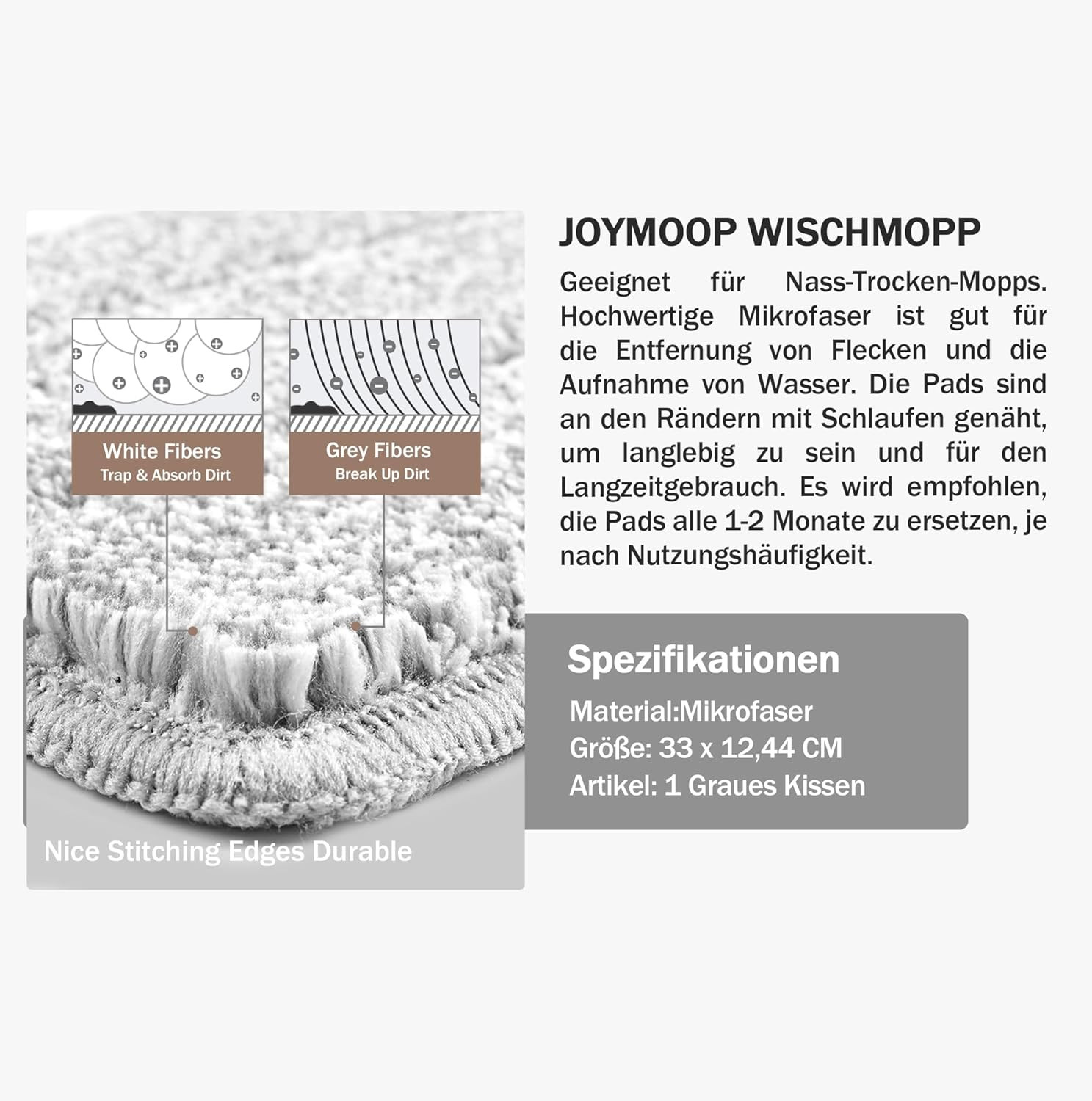 13″ Microfiber Flat Mop Head Replacement Pad for Floor Mop, White, 1 Pack