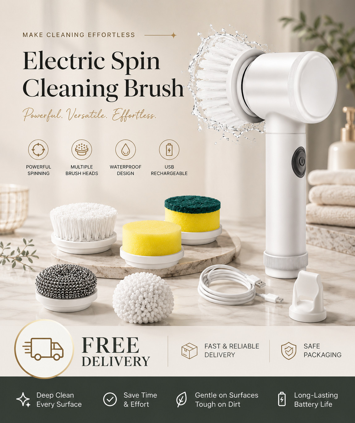 Electric Spin Scrubber Cordless Cleaning Brush Rechargeable 5 Brush Heads