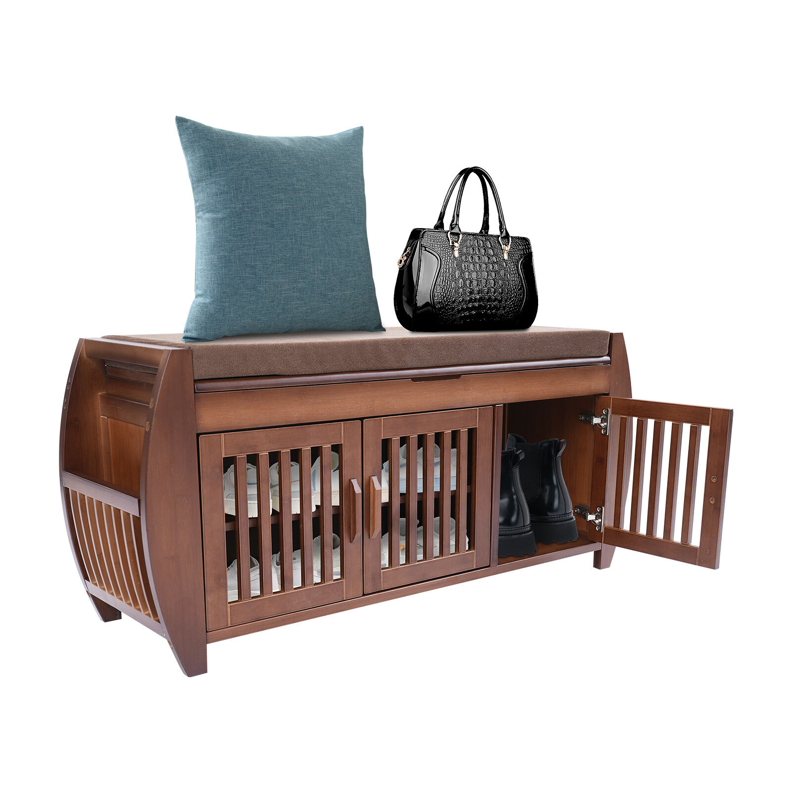 Bamboo Shoe Storage Bench With Cushion & Hidden Storage, 150kg Capacity