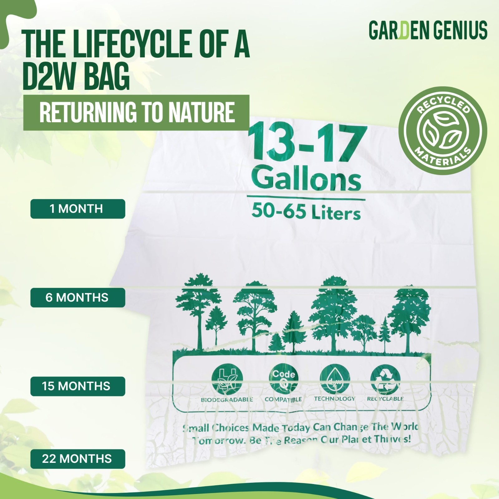 Biodegradable 13-17 Gallon Trash Bags, Heavy-Duty Drawstring Kitchen Bags, Eco-F