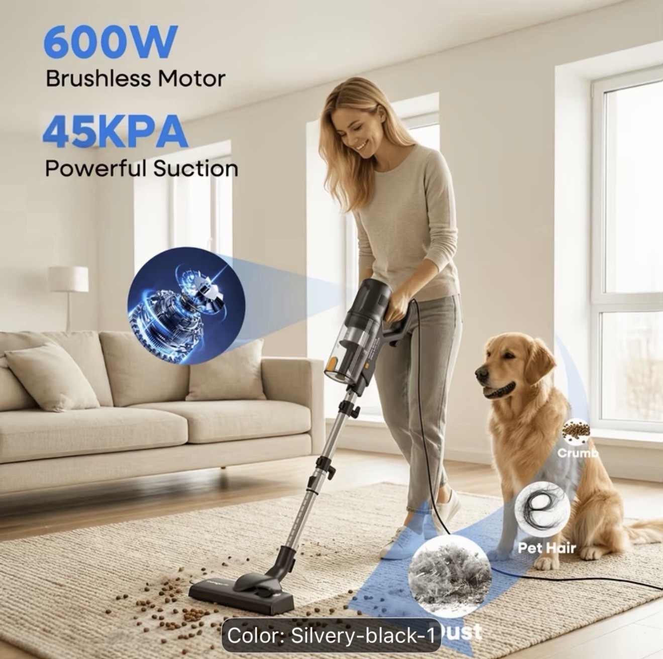 MONSGA 600W Corded Stick Vacuum Cleaner 45KPa Lightweight Pet Hair Black