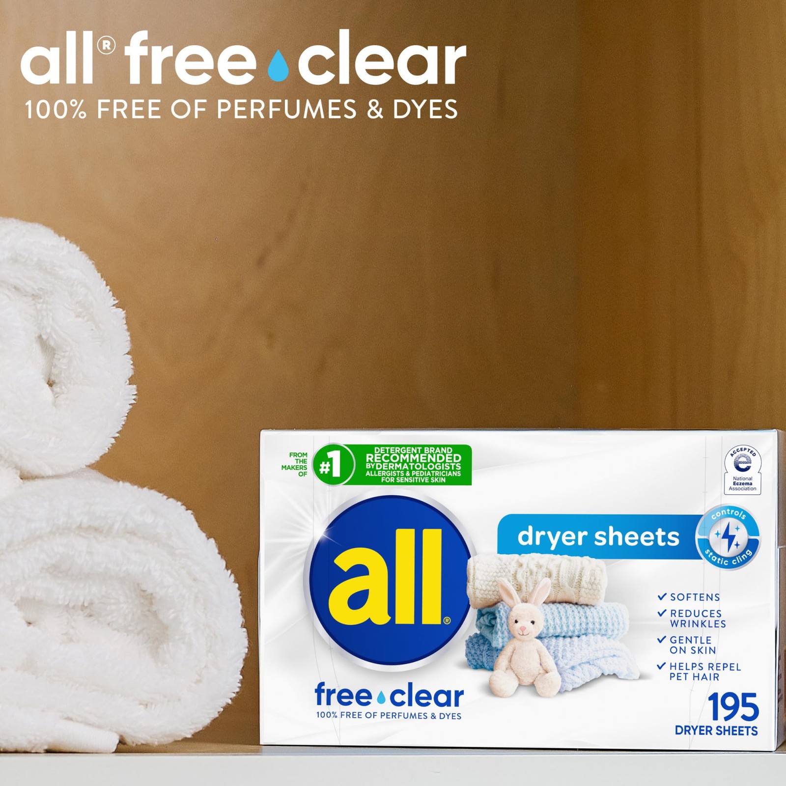 all Fabric Softener Dryer Sheets for Sensitive Skin, Free Clear, 195 Count