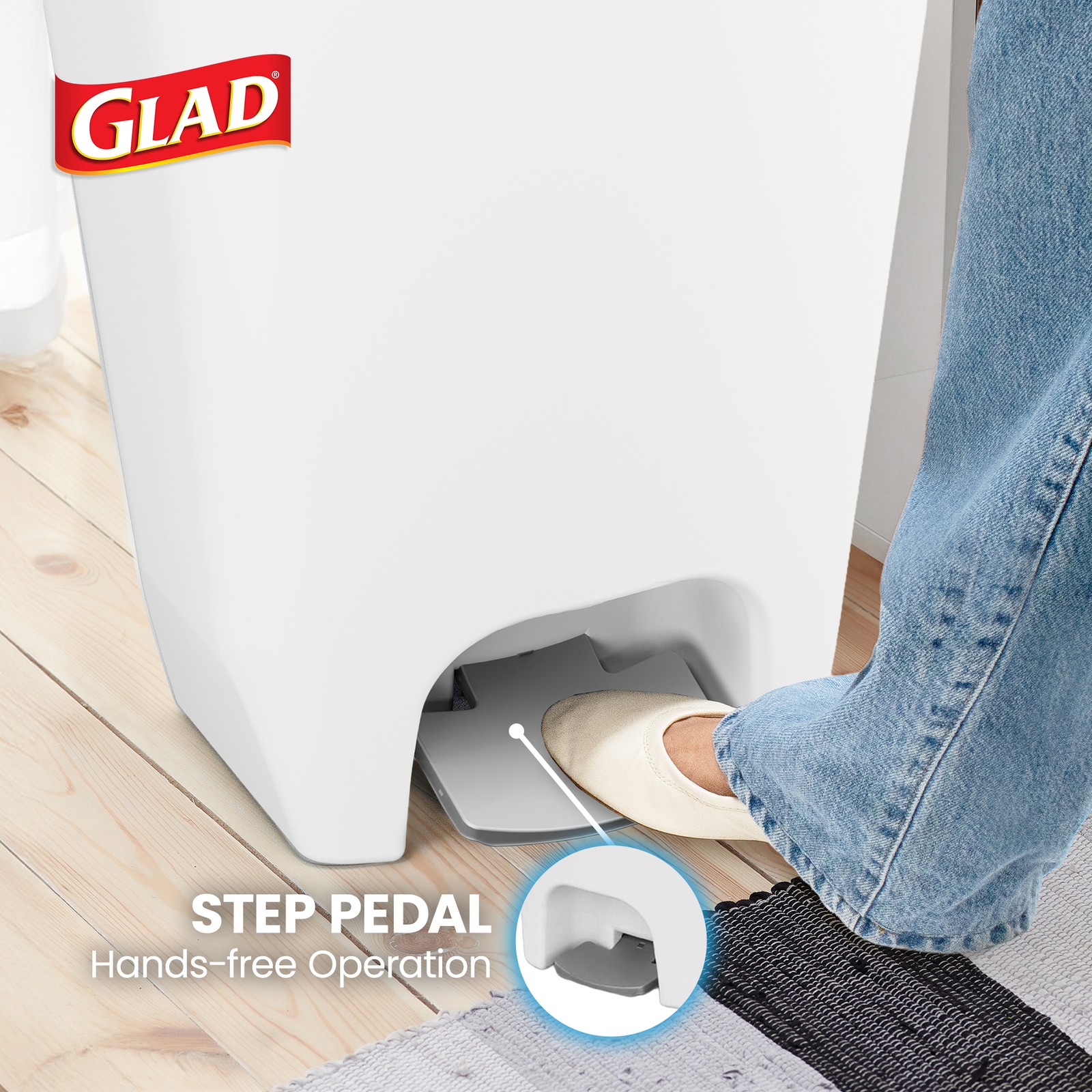Glad Kitchen Trash Can with Lid, Foot Pedal and Garbage Bag Rings, 13 Gal, White
