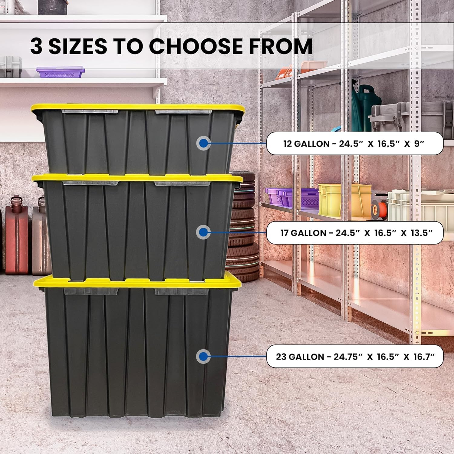 12 Gallon Black & Yellow Storage Bins – 8 Pack, Stackable & Durable Totes