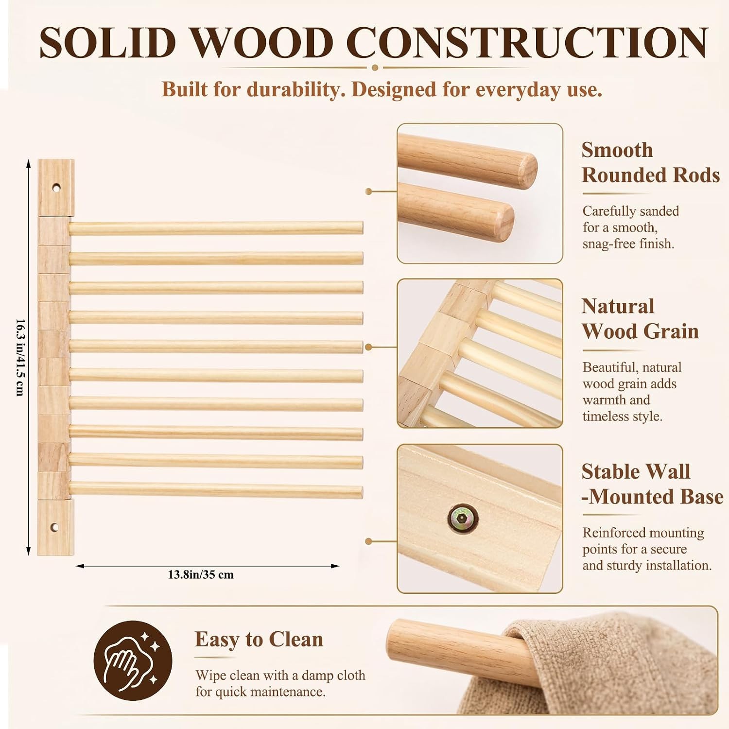 Wall Mounted Wooden Trouser Rack 10-Rod 13.8In Wooden Poles Hanging Organizer