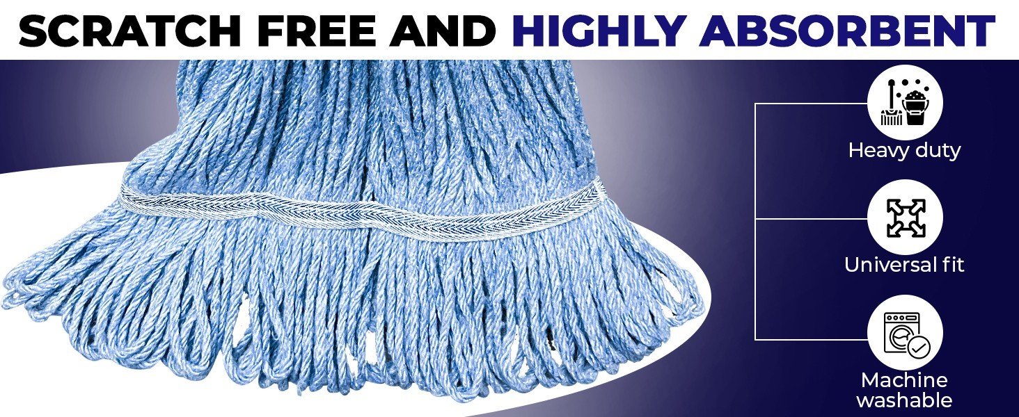 Heavy Duty Blue Mop Head. Machine Wash. Synthetic Cotton Blend Looped End-3 Pack