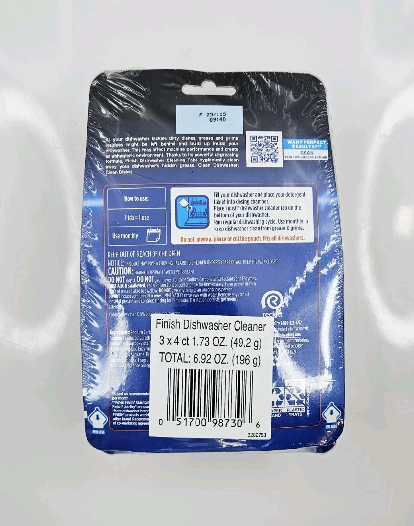 Finish In-Wash Dishwasher Cleaner Tabs, Cleans Hidden Grease, 3 Packs, 12 TOTAL