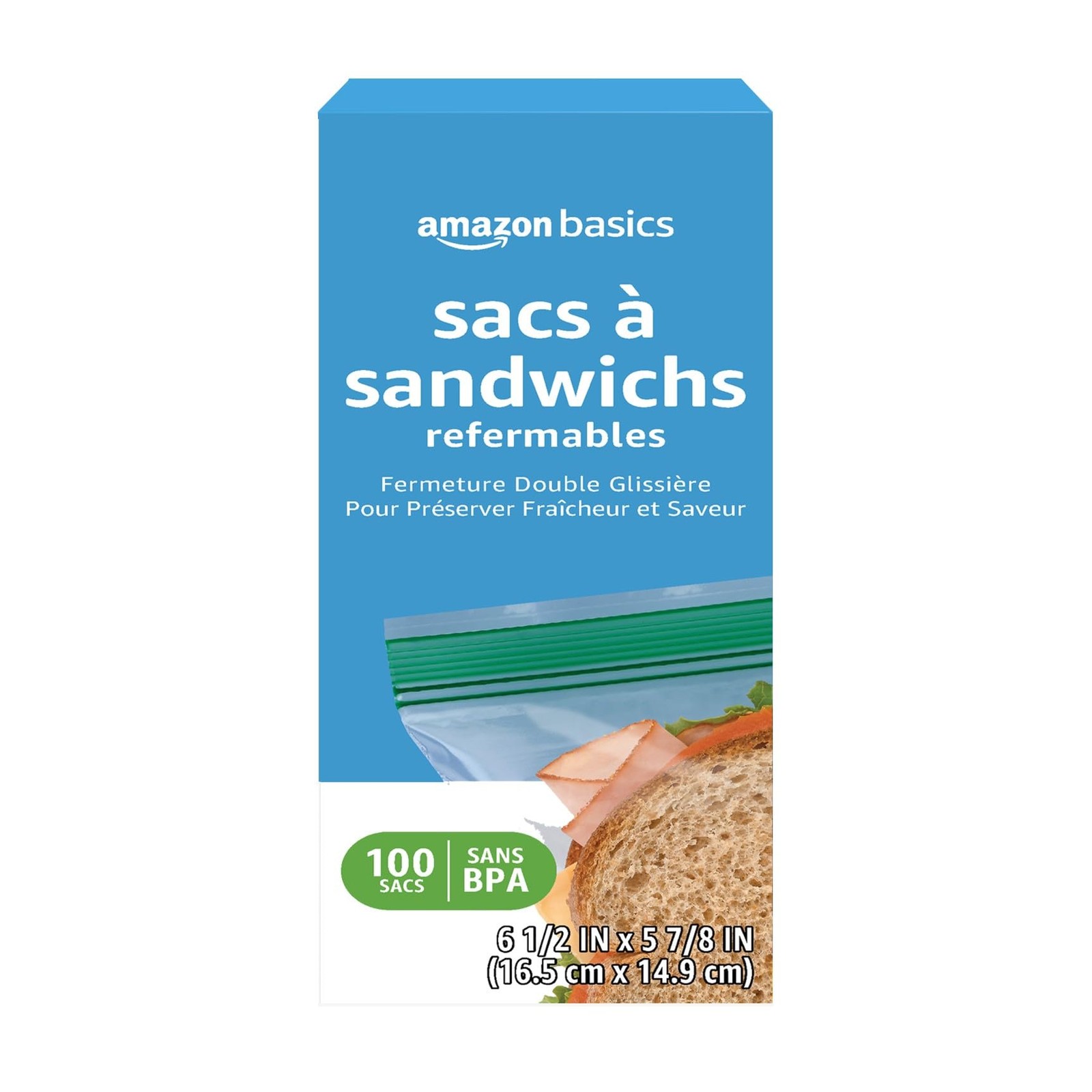 Amazon Basics Reclosable Double Zipper Sandwich 100 Count (Pack of 1), clear