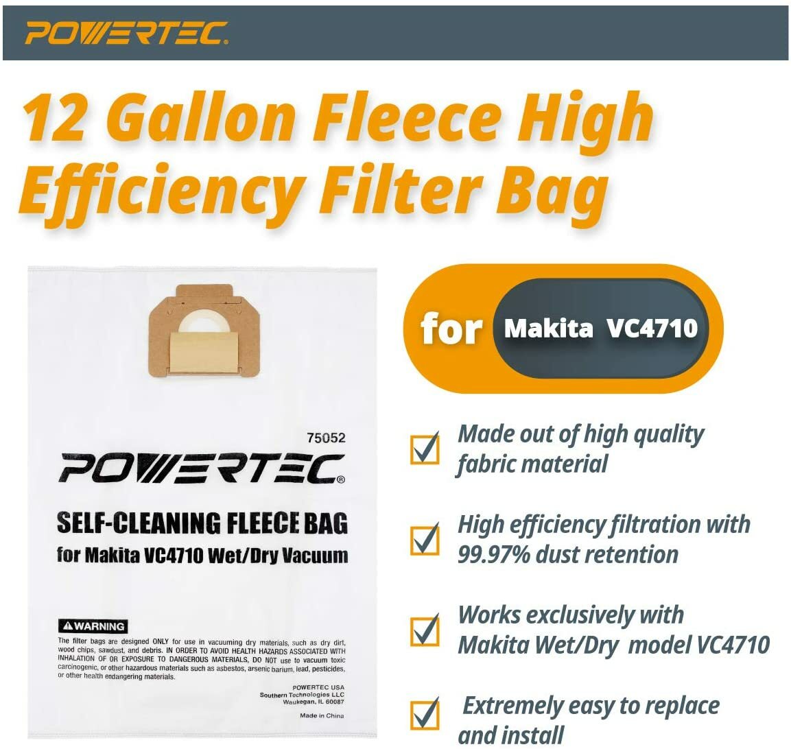 POWERTEC 12 Gallon Fleece Filter Bag – Makita Vacuum Dust Extractor VC4710 75052