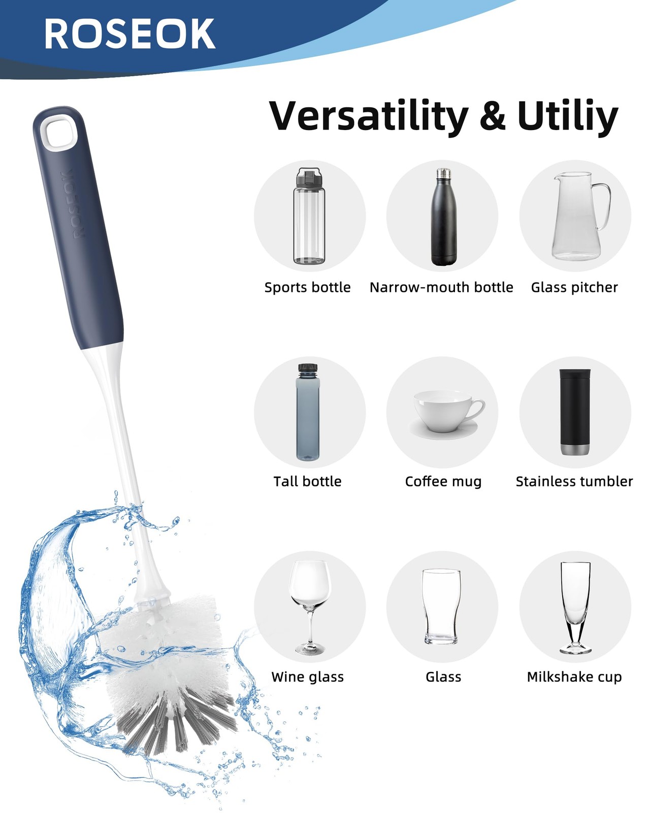 Flexible Bottle Brush Dual Bristle Navy Blue 2 Pack For Water Cups Mugs