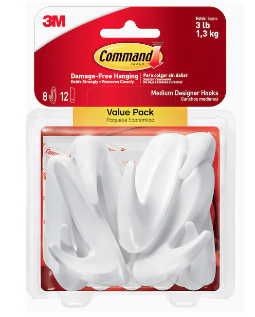 3 Pks 3M Command 8 Medium Designer Hooks & 12 Adhesive Strips Per Pack Max 3 lb