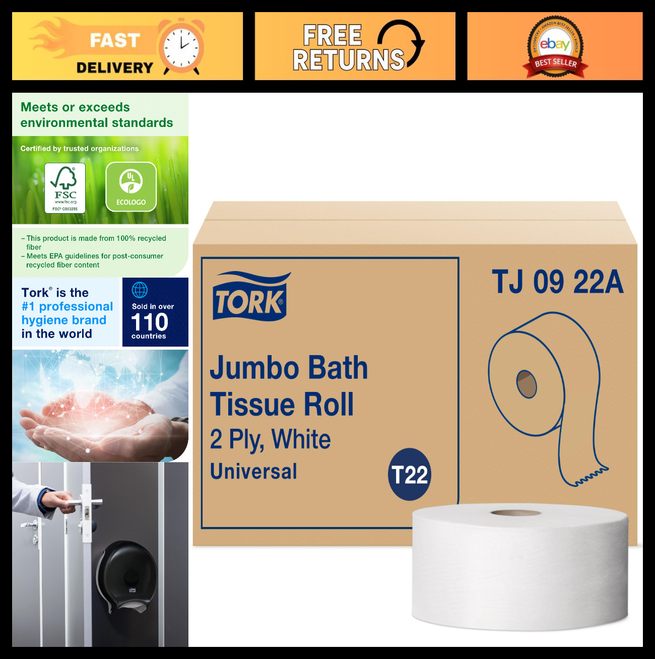 Jumbo Toilet Paper Roll, 2-Ply, Universal Fit, 1000 ft, White, Bulk Pack of 12