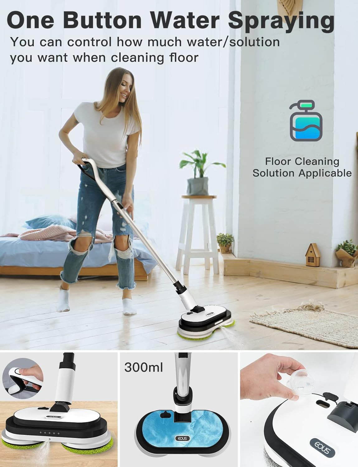 Cordless Electric Mop with LED Light, Water Sprayer & 60 Min Battery Life