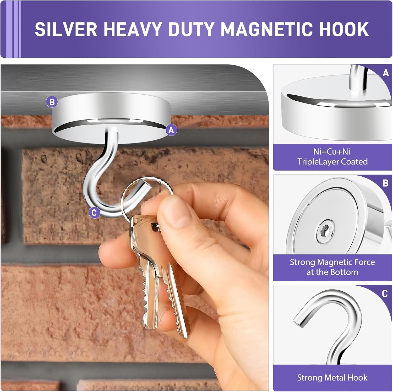 100lb Magnetic Cruise Hooks Steel Tube Silver 6 Pack