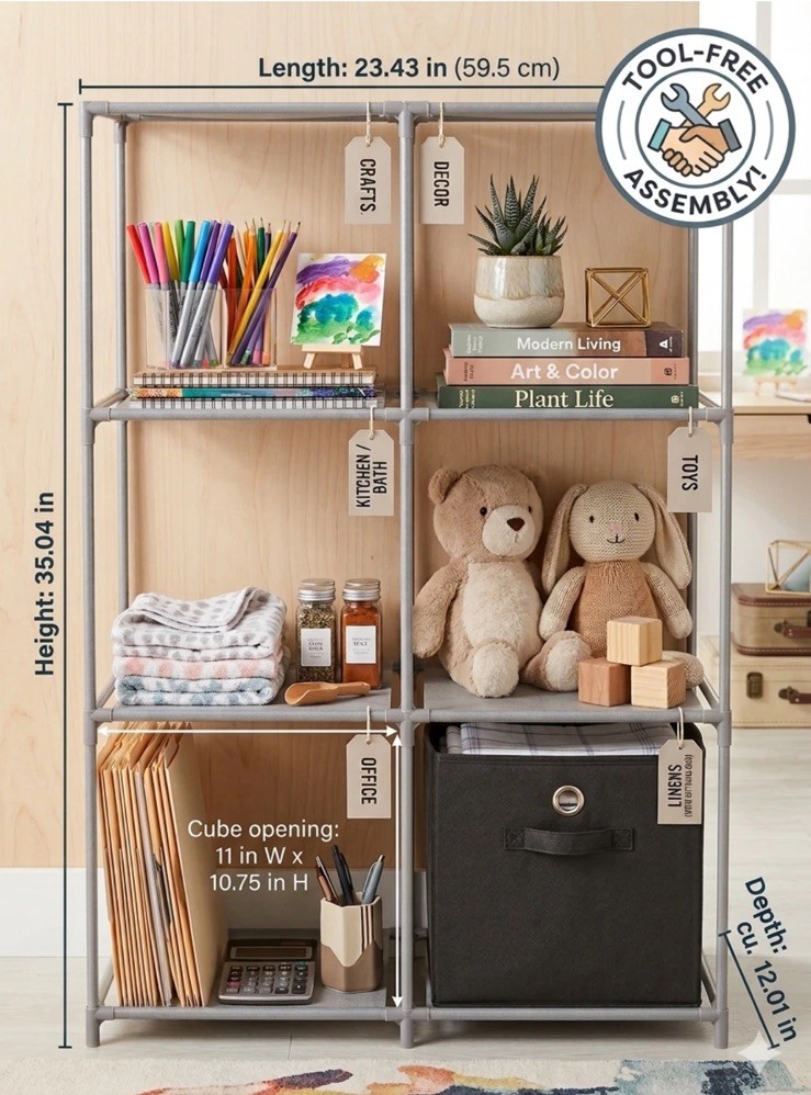 6-Cube Storage Rack Modular Organizer Unit Shelving – Gray – NEW – Easy Assembly