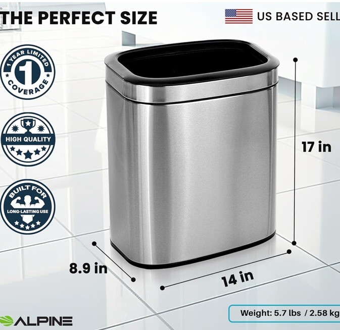 Compact 5.3 Gallon Brushed Stainless Steel Kitchen Trash Can – Open Top Design